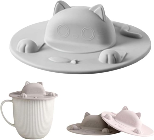Silicone Cup Lids, Cat Silicone Cup Covers, Universal Cup Lid Mug Cup Cover Cartoon Cat Shaped Cup Cover Lid, Anti-dust Airtight Seal Silicone Drink Hot Cup Lids for Mugs, Tea Cups, Coffee Cup (Gray)