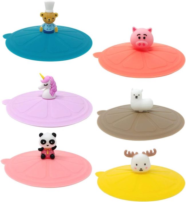 Silicone  Lids, Anti-Dust Airtight Mug Covers for Hot and Cold Beverages (Set of 6), Charming Animals
