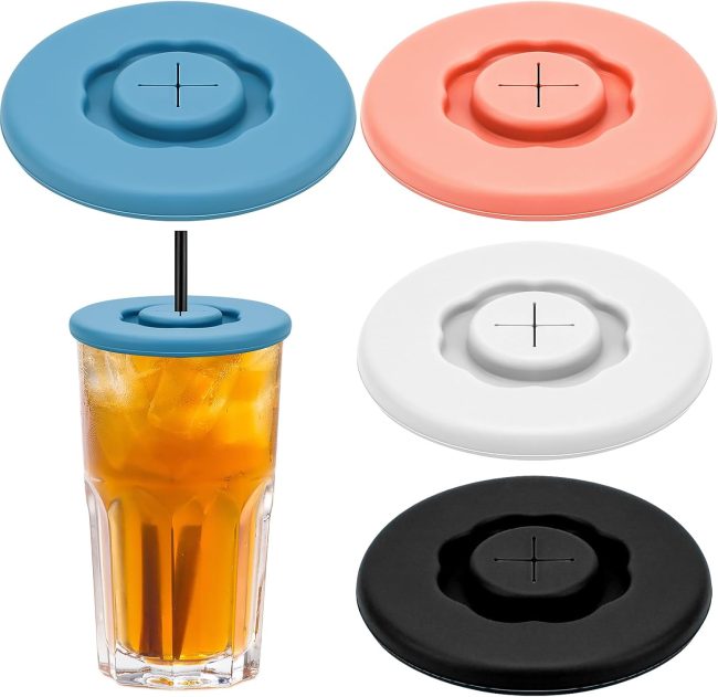 4pcs Silicone Lids for Cups,Reusable Drink Covers for Alcohol Protection Cup Covers,Food Grade Anti-Dust Airtight Seal Lids with Straw Hole for Most Drinking Cups & Glasse