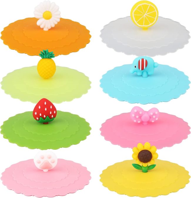 8pcs Silicone  Lids Mug Cover, Colorful Anti-Dust Silicone Mug Cover Cute Reusable Silicone Lids for s Mugs Beer Glasses Outdoors & Indoors (8 Styles)