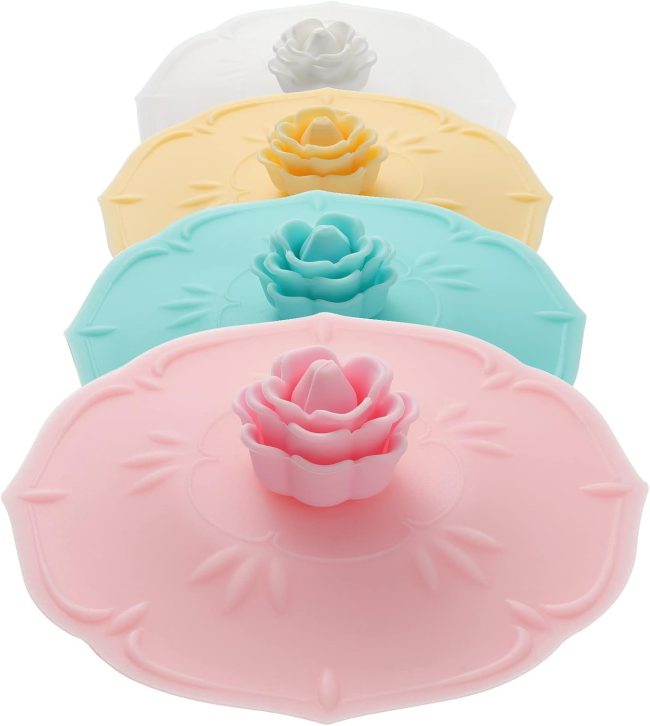 rose Silicone  Covers (Set of 4) ， Multicolored Silicone Lids for Mugs, s, Tea Pots,Flexible Mug Covers，Hot  Lids for Coffee & Tea