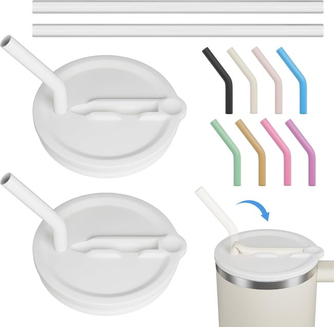2 Pack 40 oz Tumbler Flip Straw Lid Replacement Fit for  , Silicone Leak Proof Splash Resistant Tumbler Lids, Reusable Cover Compatible with   Accessories