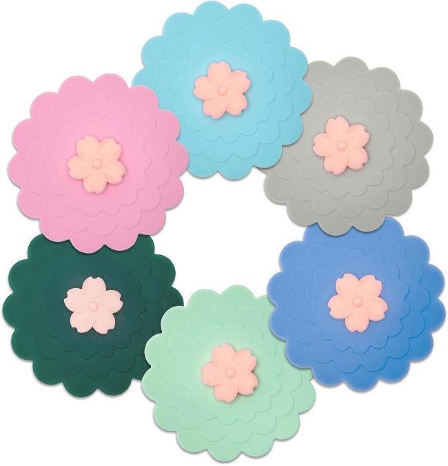 Set of 6 Peach Blossom Silicone  Covers Mug Lid Silicone Lids,Hot  Lids for Coffee & Tea,Outdoor Drinking Cover  Dust Cover