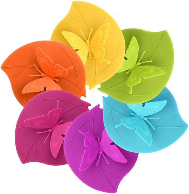 Food Grade Silicone  Lids, Creative Butterfly Mug Cover [Set of 6] Anti-dust, Airtight Seal, Silicone Drink  Lids, Hot  Lids (Butterfly)