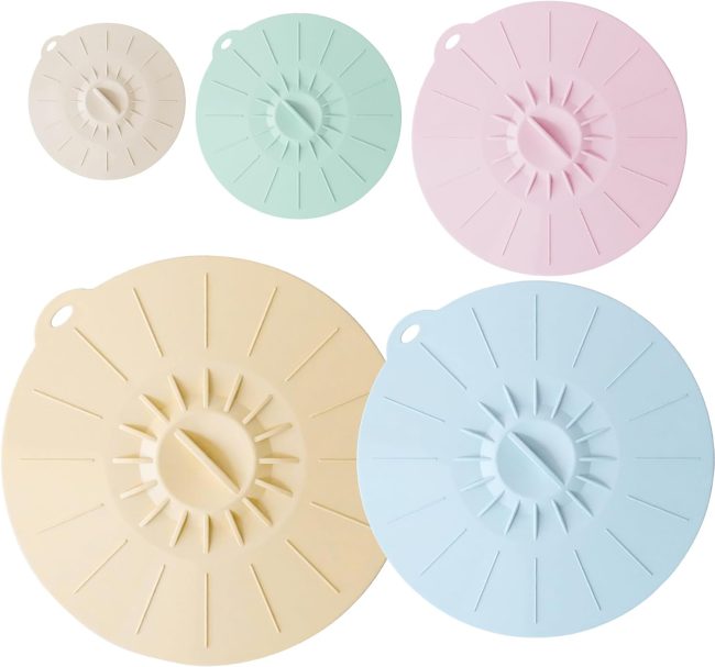 Silicone Lid sets with 5 Sizes, Microwave Splatter Cover, Heat Resistant Reusable Covers Fits s, Bowls, Plates, Pots, Pans, Skillets, Stove Top, Oven Dishwasher Fridge Safe - Rainbow