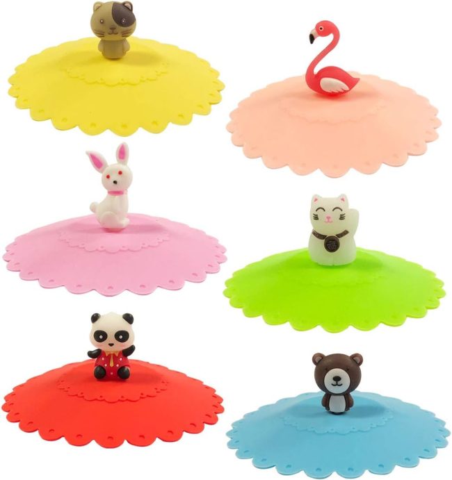 Cute Animal Silicon  Lids, Anti-Dust Airtight Mug Covers for Hot and Cold Beverages (Set of 6)