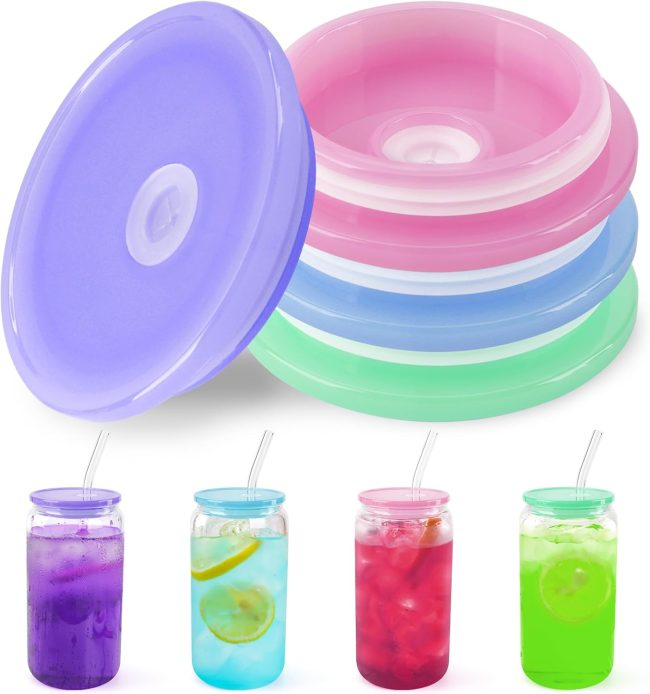 4 Pack Acrylic Lids for 16 oz /20 oz Glass s with Bamboo Lids and Straws Reusable Iced Coffee  Beer Can Drinking Glasses for Smoothie Whiskey Boba Soda Tea Gift (Candy Color)
