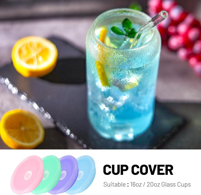 4 Pack Acrylic Lids for 16 oz /20 oz Glass s with Bamboo Lids and Straws Reusable Iced Coffee  Beer Can Drinking Glasses for Smoothie Whiskey Boba Soda Tea Gift (Candy Color) - Image 2